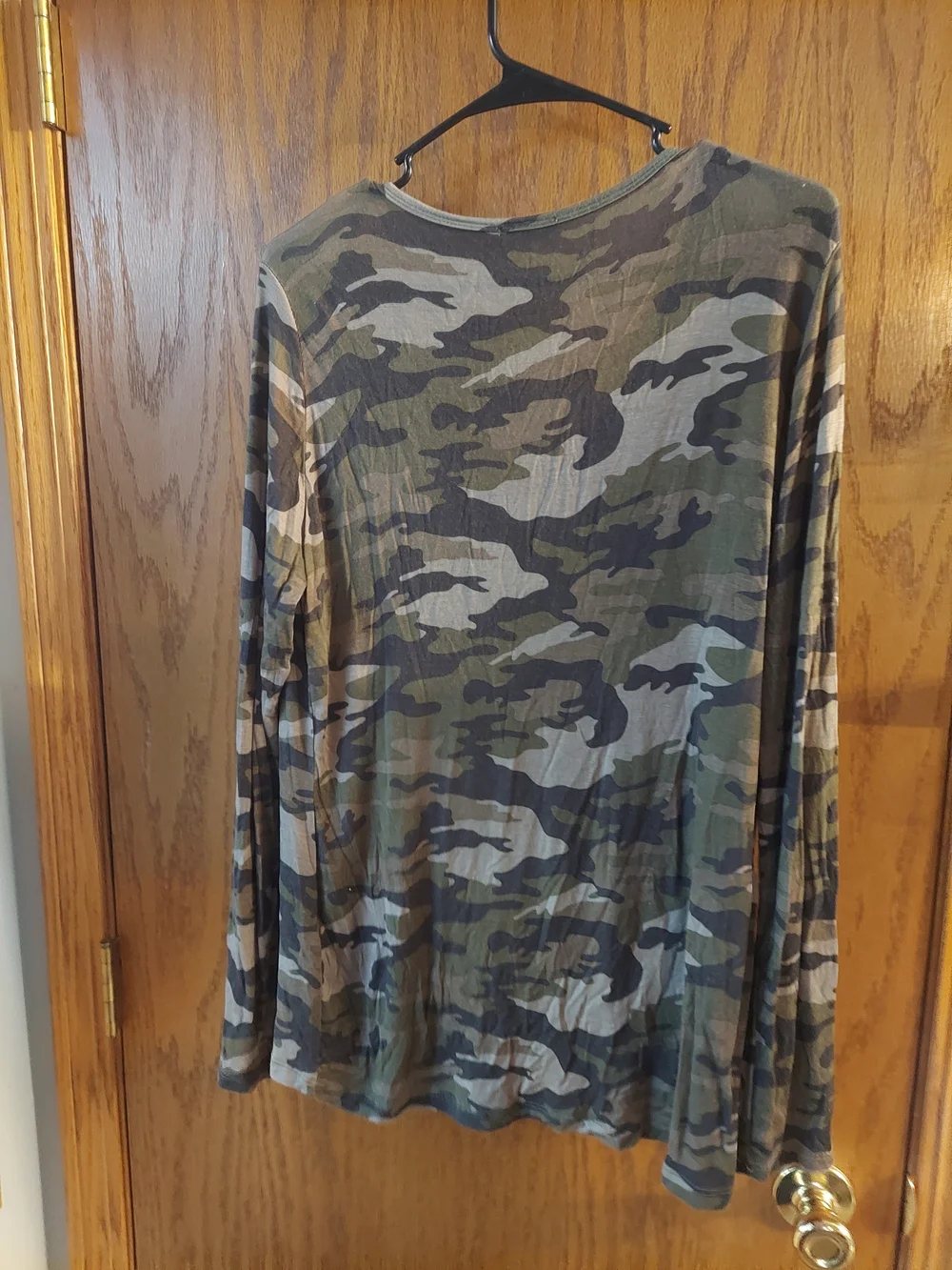 Stella Tweed Camo Long Sleeve V-Neck Top Green Brown Camouflage 1X